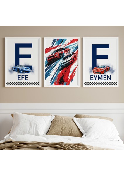 Yarış Arabaları Kardeş Isim Tablo Seti, Çocuk Odası Tablo, Bebek Odası Tablo