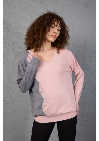 Pudra-Gri Iki Renkli Taş Detaylı V Yaka Triko Bluz fiyatları