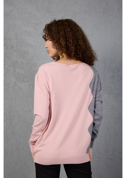 Pudra-Gri Iki Renkli Taş Detaylı V Yaka Triko Bluz fırsatları