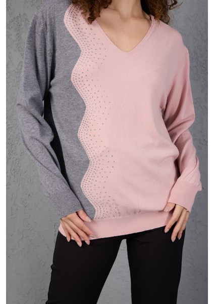 Pudra-Gri Iki Renkli Taş Detaylı V Yaka Triko Bluz indirimleri