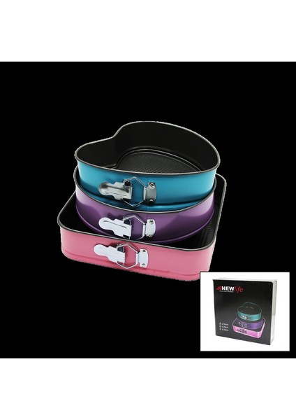 3 Parça Set Metal Kek Kalıp Kelepçeli Kalp - Kare - Yuvarlak (K95)