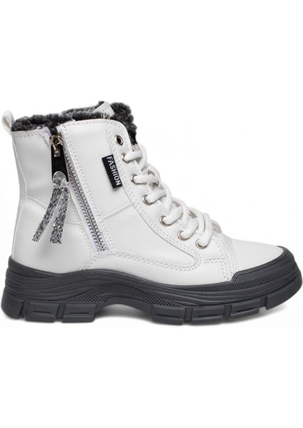 (Conpax) Içi Yünlü Termo Kaymaz Taban Fermuarlı&bağcıklı Çocuk Bot Beyaz