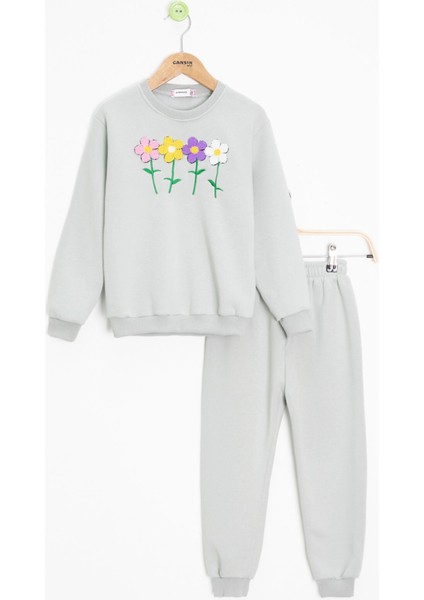 Gri Çiçek Nakışlı Şardonlu Kız Çocuk Eşofman Takımı 23364