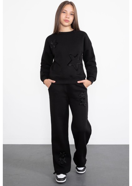 Siyah Yıldız Desenli Geniş Paça Şardonlu Kız Çocuk Eşofman Takımı 23361