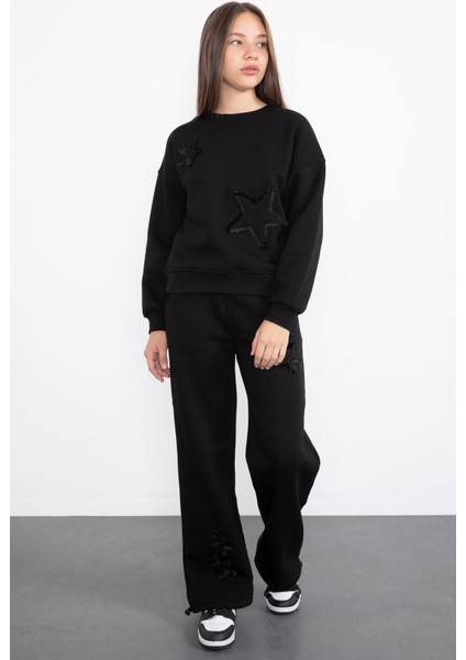 Siyah Yıldız Desenli Geniş Paça Şardonlu Kız Çocuk Eşofman Takımı 23361 fiyatları