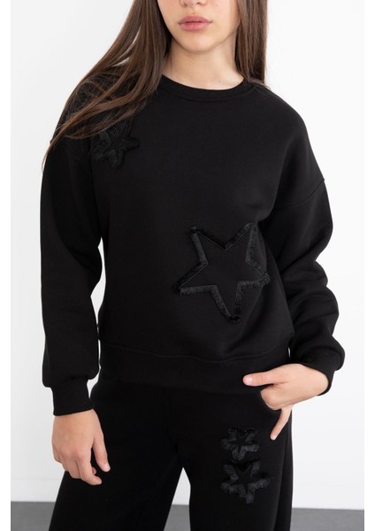 Siyah Yıldız Desenli Geniş Paça Şardonlu Kız Çocuk Eşofman Takımı 23361 modelleri