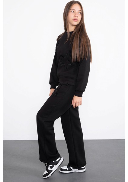 Siyah Yıldız Desenli Geniş Paça Şardonlu Kız Çocuk Eşofman Takımı 23361 fırsatları