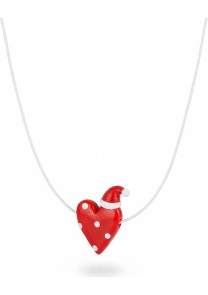 El Yapımı Porselen Yılbaşı Şapkalı Kalp Figürlü Kadın Kolye