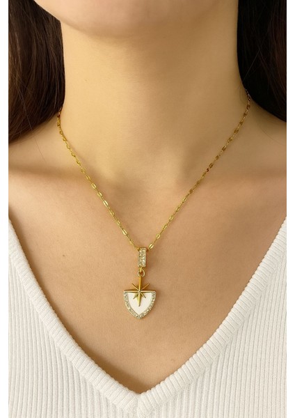 Kutup Yıldızı Çelik Altın Kaplama Gold Kolye Mine Detaylı