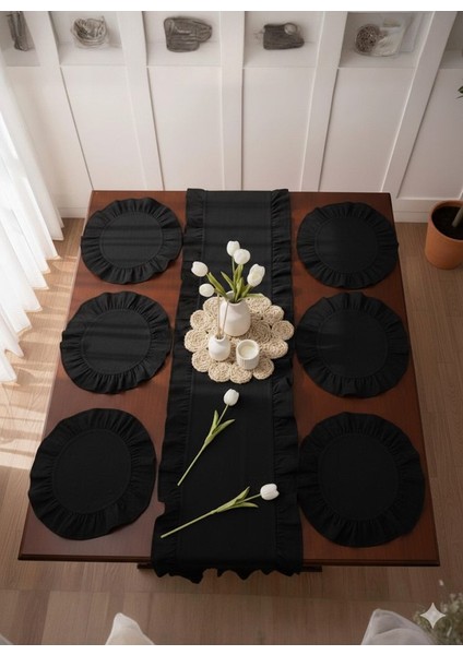Fırfırlı Siyah Keten 1 Adet Runner 6 Adet Amerikan Servis - 7 Parça Çeyiz Seti