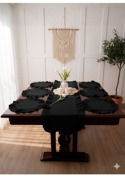 Fırfırlı Siyah Keten 1 Adet Runner 6 Adet Amerikan Servis - 7 Parça Çeyiz Seti fiyatları