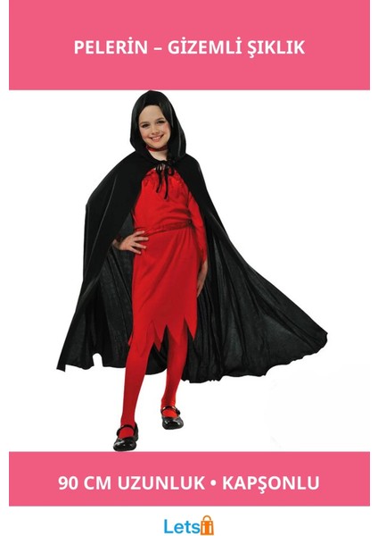 Kapşonlu Siyah Pelerin 90 cm Kadın ve Erkek Kostüm Aksesuarı