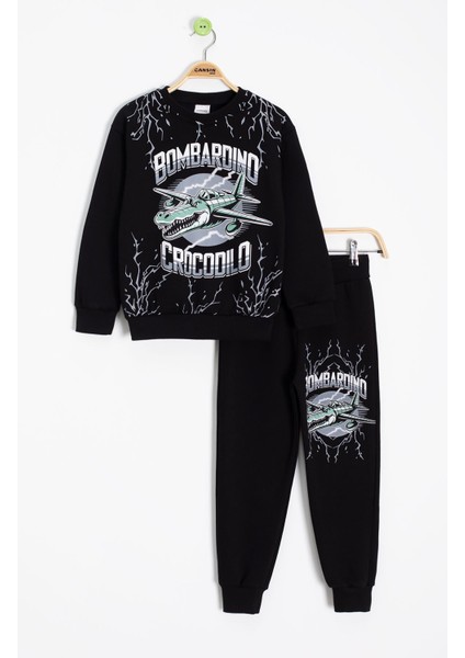 Siyah Erkek Çocuk Yazılı Karakter Baskılı Şardonlu Eşofman Takımı 23286