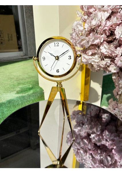 Gold Renk 360° Dönen Tripod Masa Saati – 30 cm Aynalı Arka Tasarım, Lüks Dekoratif Saat