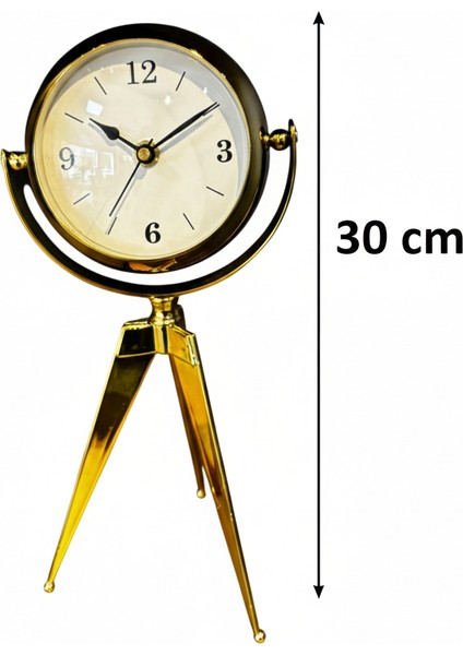 Gold Renk 360° Dönen Tripod Masa Saati – 30 cm Aynalı Arka Tasarım, Lüks Dekoratif Saat modelleri