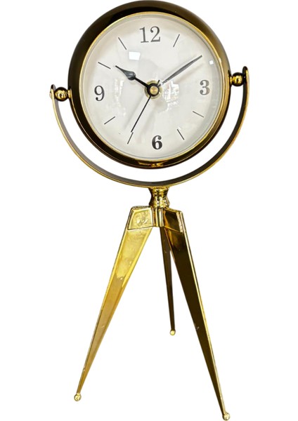 Gold Renk 360° Dönen Tripod Masa Saati – 30 cm Aynalı Arka Tasarım, Lüks Dekoratif Saat