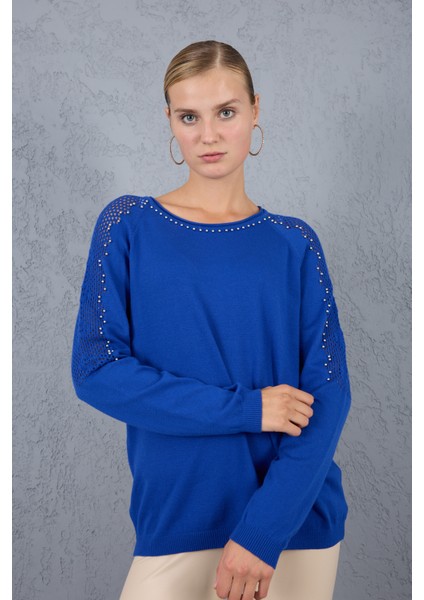 Kadın Saks Mavisi Ajurlu Inci Detaylı Reglan Kollu Yuvarlak Yaka Triko Bluz