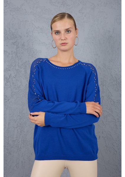 Kadın Saks Mavisi Ajurlu Inci Detaylı Reglan Kollu Yuvarlak Yaka Triko Bluz modelleri