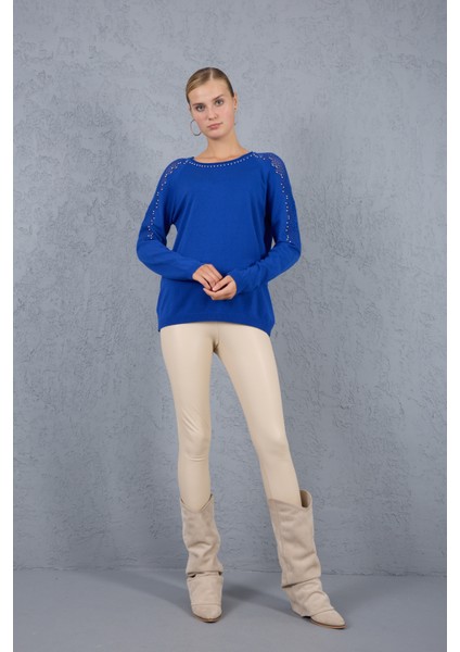 Kadın Saks Mavisi Ajurlu Inci Detaylı Reglan Kollu Yuvarlak Yaka Triko Bluz