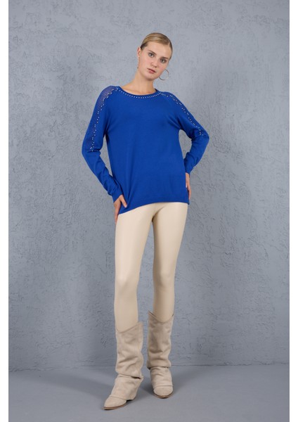 Kadın Saks Mavisi Ajurlu Inci Detaylı Reglan Kollu Yuvarlak Yaka Triko Bluz
