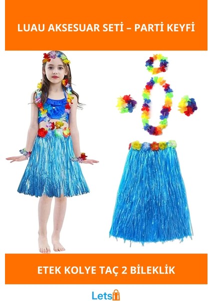 Yetişkin ve Çocuk Uyumlu Hawaii Luau Aloha Mavi Püsküllü Etek Kolye Taç Bileklik Seti