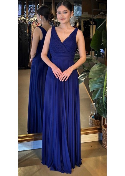 Gece Mavisi V Yaka Kalın Askı Kloş Etekli Şifon Uzun Abiye Elbise 11098-07