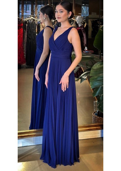 Gece Mavisi V Yaka Kalın Askı Kloş Etekli Şifon Uzun Abiye Elbise 11098-07 fiyatları