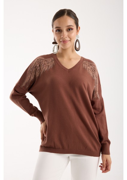 Kadın Kahve Omuzları Taş Detaylı V Yaka Triko Bluz modelleri