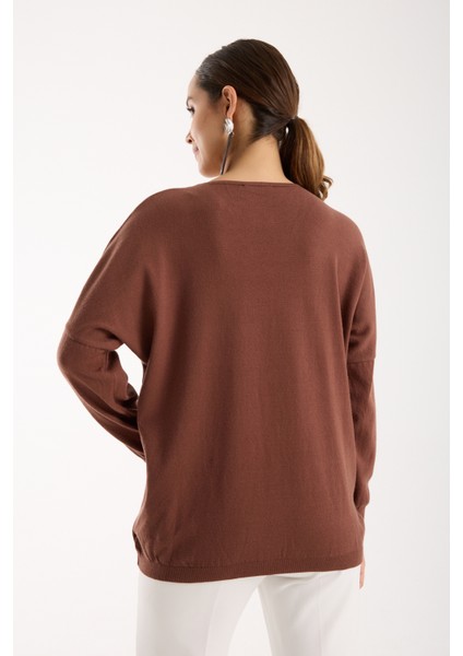 Kadın Kahve Omuzları Taş Detaylı V Yaka Triko Bluz indirimleri