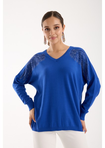 Kadın Saks Mavisi Omuzları Taş Detaylı V Yaka Triko Bluz