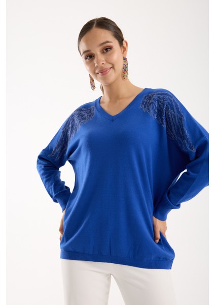 Kadın Saks Mavisi Omuzları Taş Detaylı V Yaka Triko Bluz modelleri
