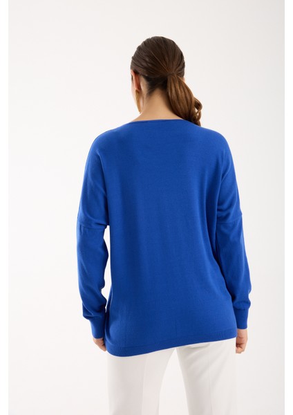 Kadın Saks Mavisi Omuzları Taş Detaylı V Yaka Triko Bluz indirimleri