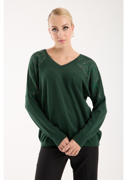 Kadın Haki Omuzları Taş Detaylı V Yaka Triko Bluz