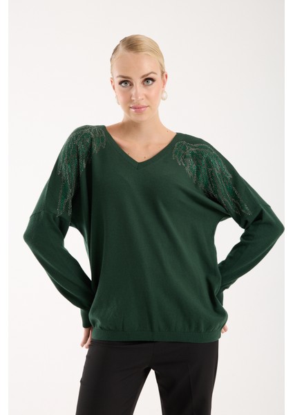 Kadın Haki Omuzları Taş Detaylı V Yaka Triko Bluz fiyatları