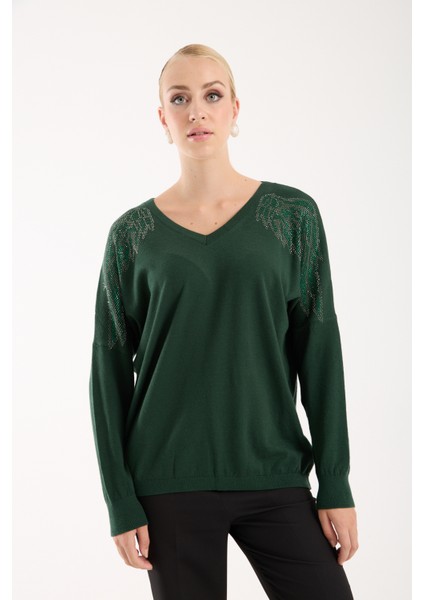 Kadın Haki Omuzları Taş Detaylı V Yaka Triko Bluz modelleri