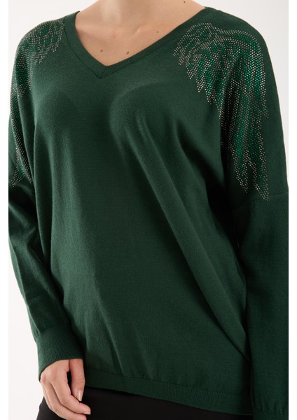 Kadın Haki Omuzları Taş Detaylı V Yaka Triko Bluz