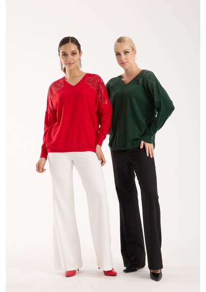 Kadın Haki Omuzları Taş Detaylı V Yaka Triko Bluz