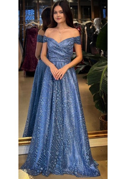 Indigo Madonna Yaka Sırt Dekolteli Kloş Etekli Simli Uzun Abiye Elbise 11066-03