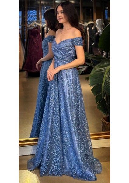 Indigo Madonna Yaka Sırt Dekolteli Kloş Etekli Simli Uzun Abiye Elbise 11066-03 fiyatları