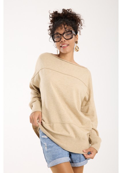 Kadın Açık Bej Kayık Yaka Triko Bluz