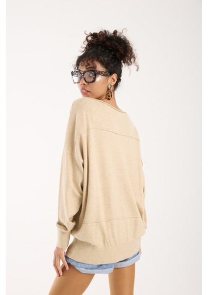 Kadın Açık Bej Kayık Yaka Triko Bluz modelleri