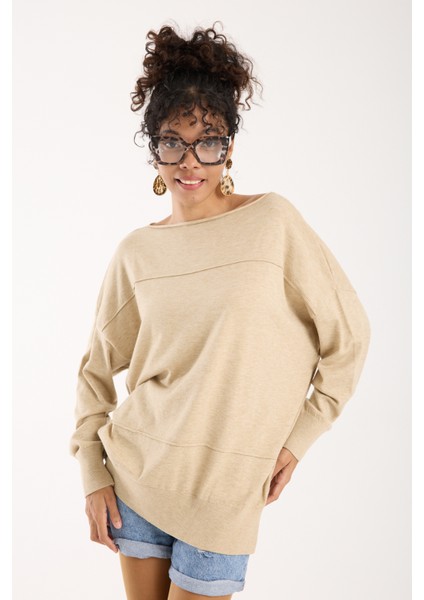 Kadın Açık Bej Kayık Yaka Triko Bluz fırsatları