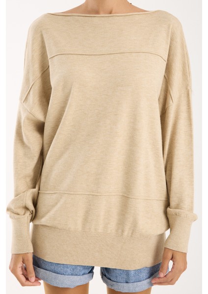 Kadın Açık Bej Kayık Yaka Triko Bluz
