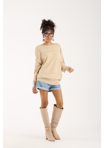 Kadın Açık Bej Kayık Yaka Triko Bluz