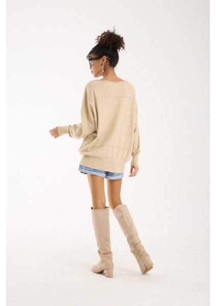 Kadın Açık Bej Kayık Yaka Triko Bluz