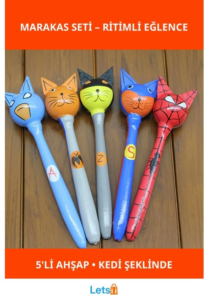 Renkli Ahşap Kedi Şeklinde 5'li Marakas Çocuklar Için Müzik Aleti
