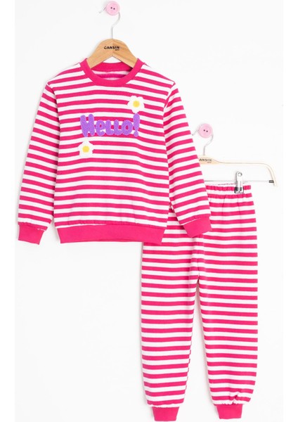 Fuşya Papatya Nakışlı Çizgili Kız Çocuk Takım 23354