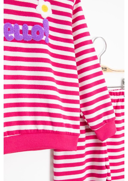 Fuşya Papatya Nakışlı Çizgili Kız Çocuk Takım 23354 modelleri