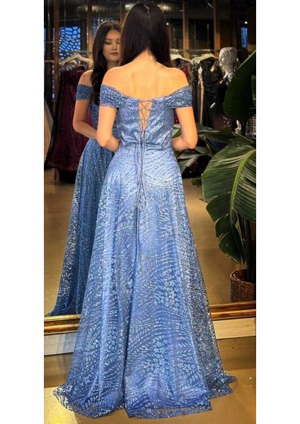 Indigo Madonna Yaka Sırt Dekolteli Kloş Etekli Simli Uzun Abiye Elbise 11066-03 indirimleri