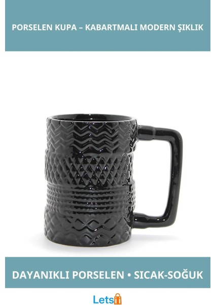 Siyah Kabartmalı Tasarım Porselen Kupa Bardak